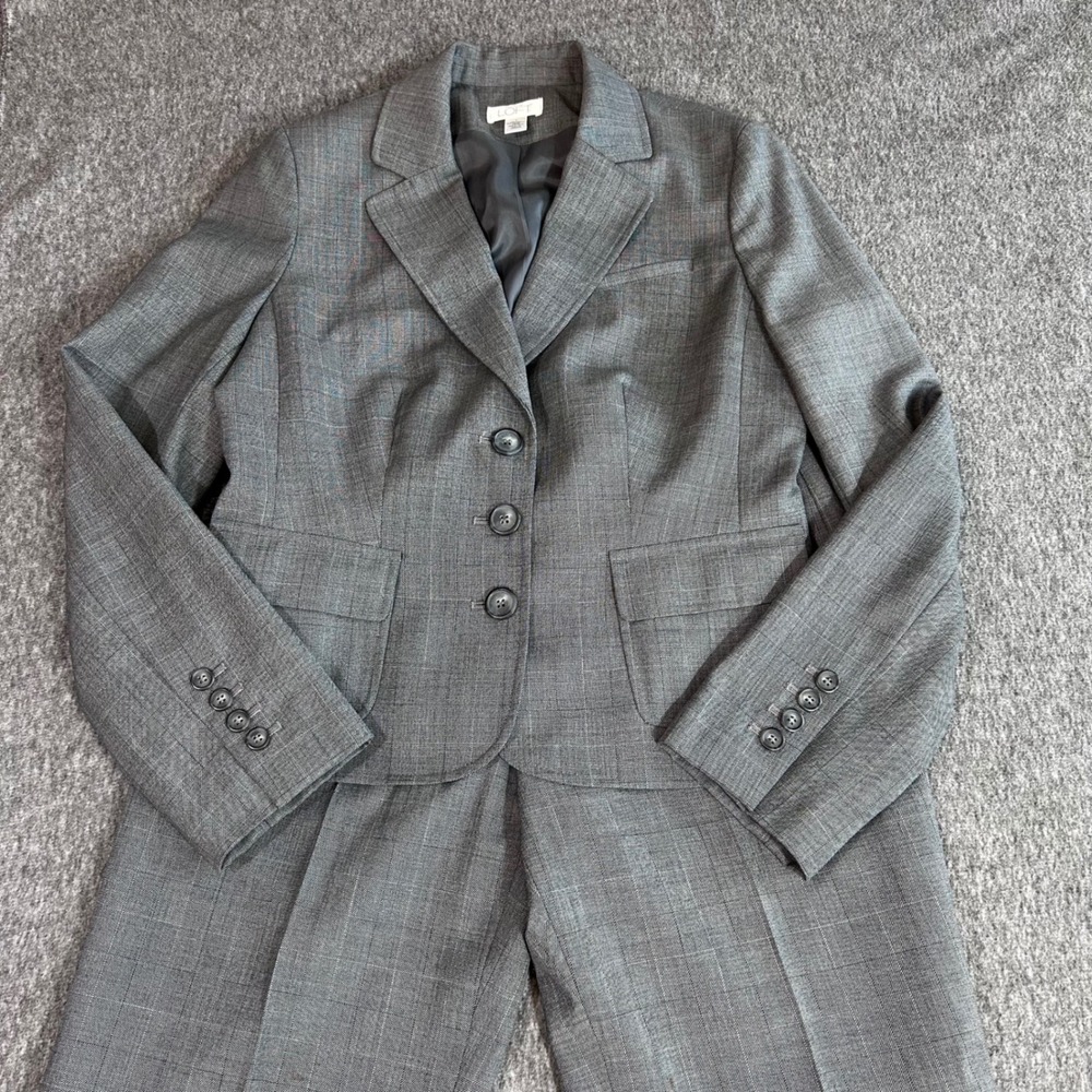 Ann Taylor Loft Gray Wool Blend 2 Piece Pant Suit Set Blazer Trousers Size 6